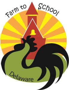 The Delaware Farm to School Logo has a red school house in front of a yellow and orange star-burst sun, with a green filled rooster with black tail feathers and outline.
