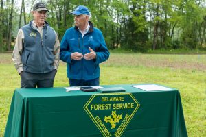 Governor John Carney and DDA Secretary Michael T Scuse at Delaware Forest Service's 2023 Arbor Day Celebration.